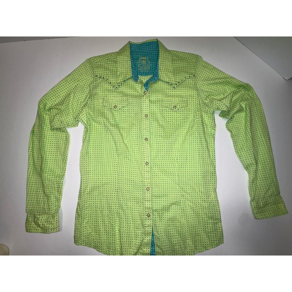 Twenty X  Women's Long Sleeve Western Shirt Polka Dot Lime Green & Turq/blue - Picture 2 of 12